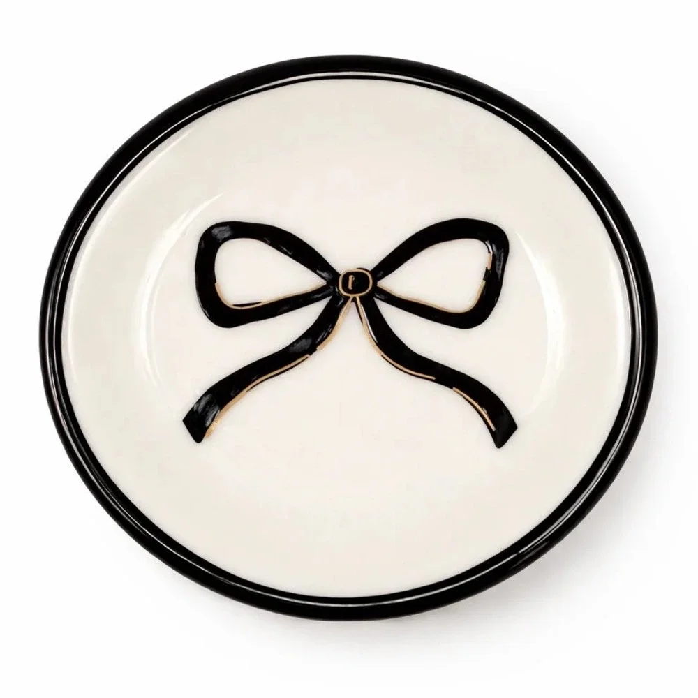 Black Bow Ceramic Trinket Dish Jewelry Ring Tray White Gold